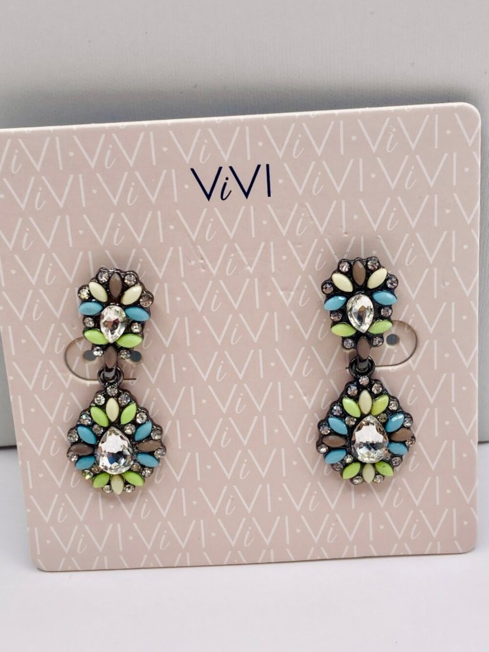 Vivi Brand Floral Colorful Crystal Drop Pastel Blue Green Earrings -12B